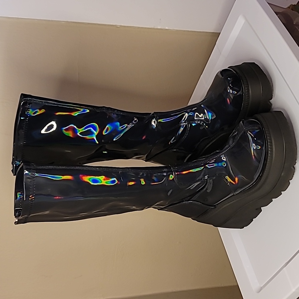 Demonia Black Rainbow Patent Holograph Boots